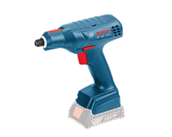 Blue Bosch cordless drill with a battery pack attached and red trigger