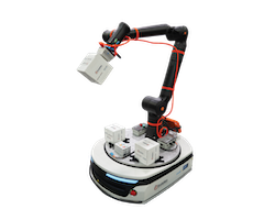 Autonomous robotic arm on a mobile base reaching to pick up small white boxes from a tray.