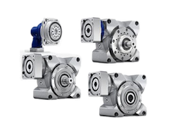 Group of four metallic industrial gearboxes arranged together, with a blue motor, shown from various angles.