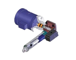 Blue industrial actuator with a silver extension rod and electrical connector, shown mounted for a machinery system