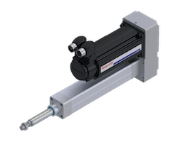 Electric linear actuator with a mounted motor and silver guide rail/rod extending from the black motor housing.