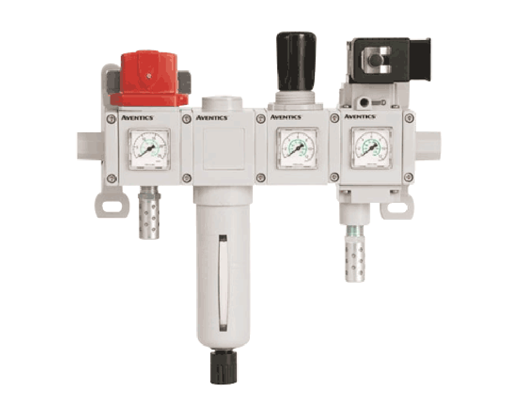 Pneumatic manifold with three regulators and gauges; red control on the left, black knob in the middle, and a valve module on the right.
