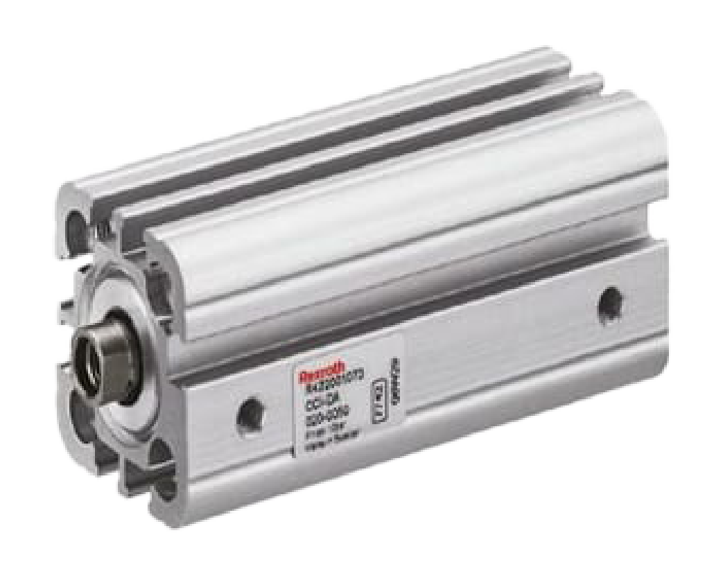 Compact silver pneumatic actuator (cylinder) with mounting holes for linear motion in automation, viewed at an angle.