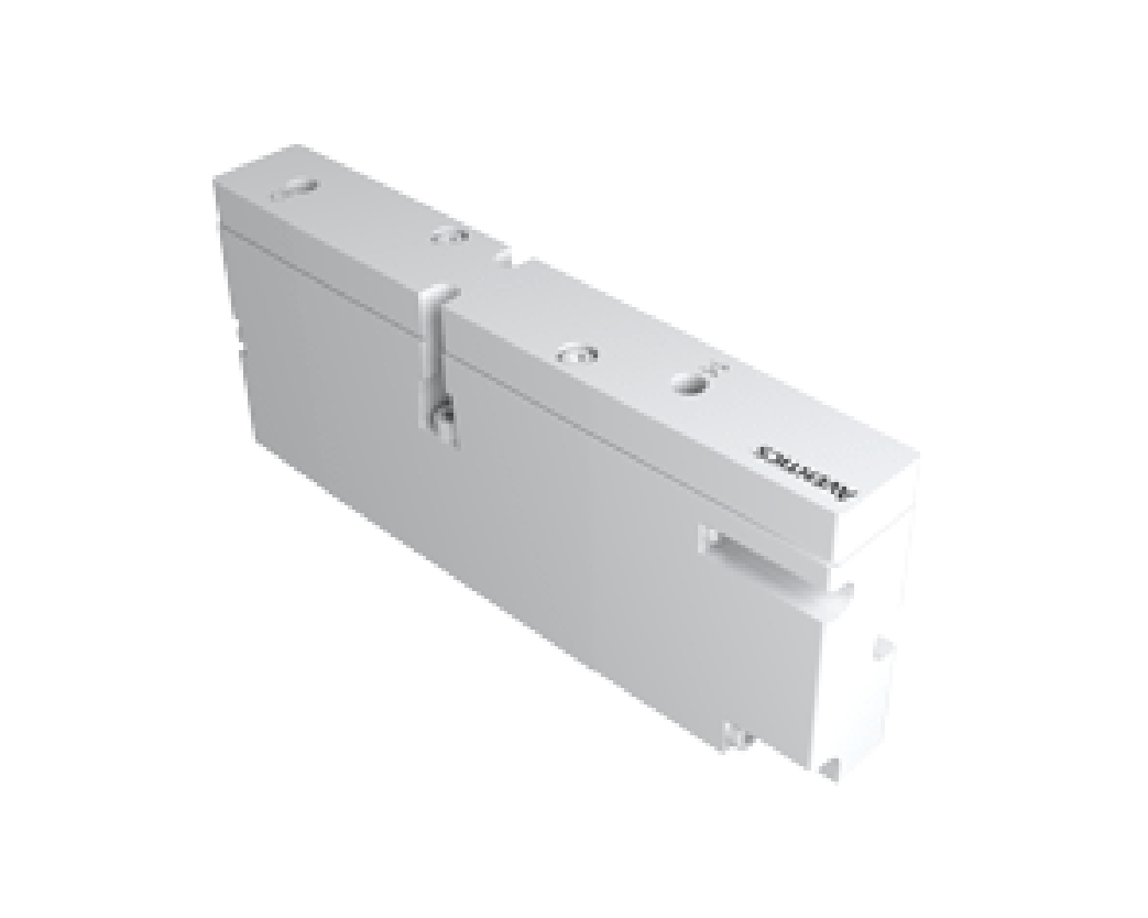 White rectangular electrical enclosure/module with a front access door and a latch, shown at an angled perspective